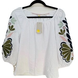 Boden New W Tags White Top. Beautifully Embroidered Sleeves. 4. Boho Festival
